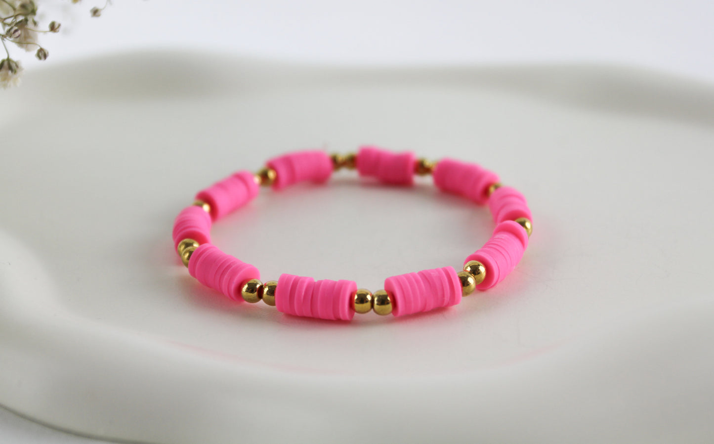 Pink Katsuki Heishi Beaded Bracelet with Gold Colored Beads