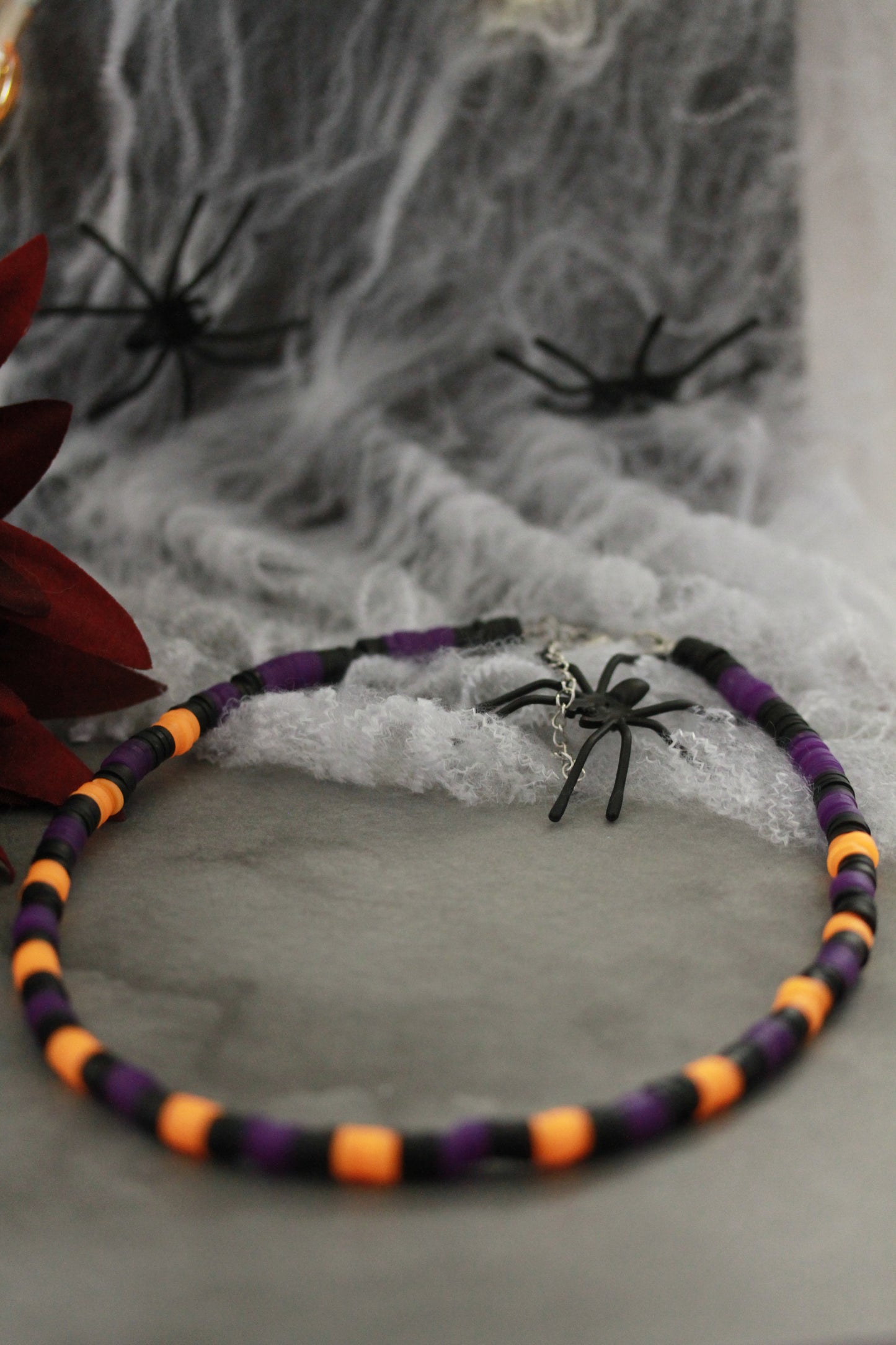 Neon Orange-Schwarz-Lila Schmuckset – Armband & Halskette | Halloween