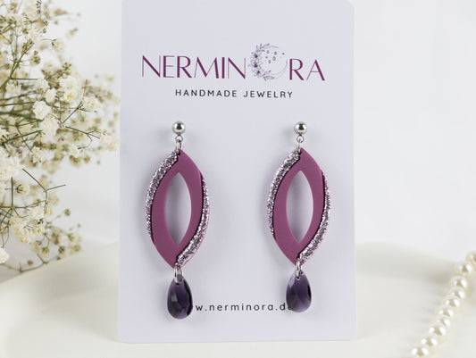 Elegante Lila Kristall Ohrringe – Handgefertigte Polymer Clay Statement