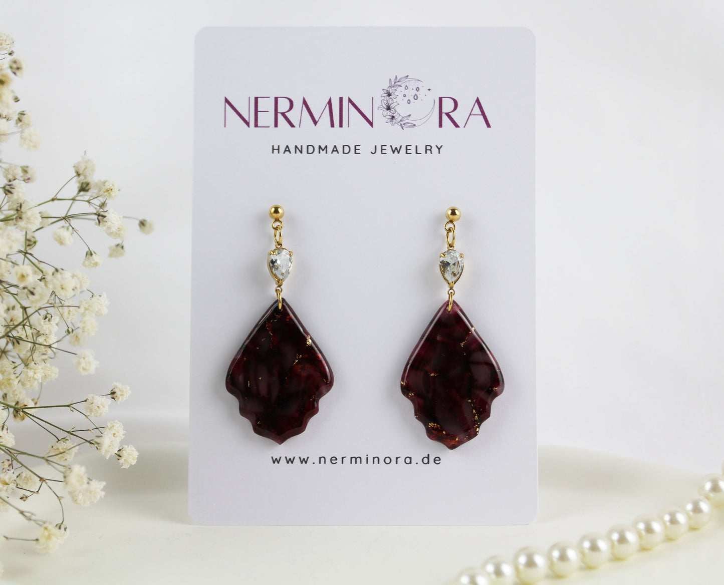 Elegante bordeauxrote Polymer Clay Ohrringe mit Zirkonia - Kollektion