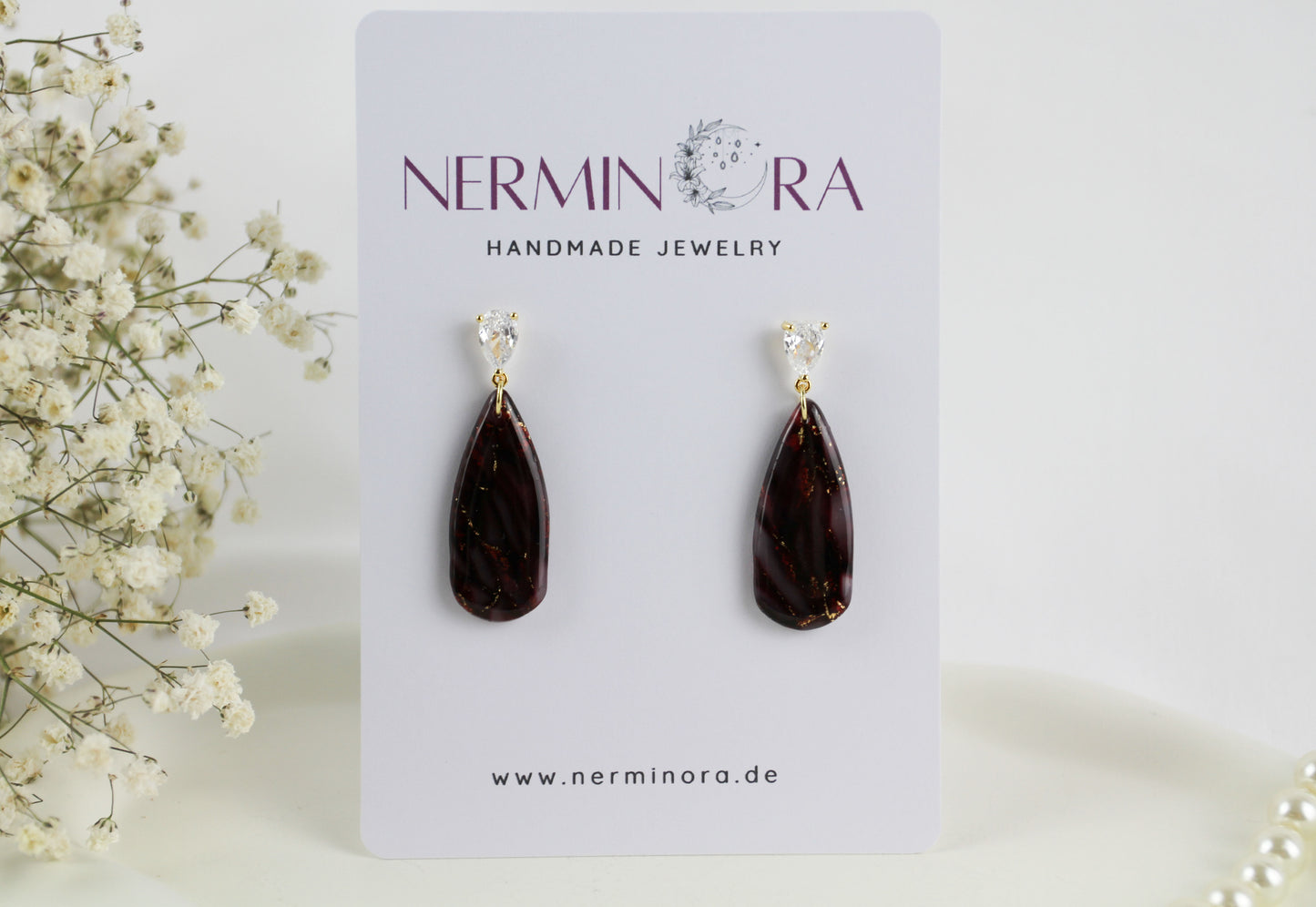 Elegante bordeauxrote Polymer Clay Ohrringe mit Zirkonia - Kollektion