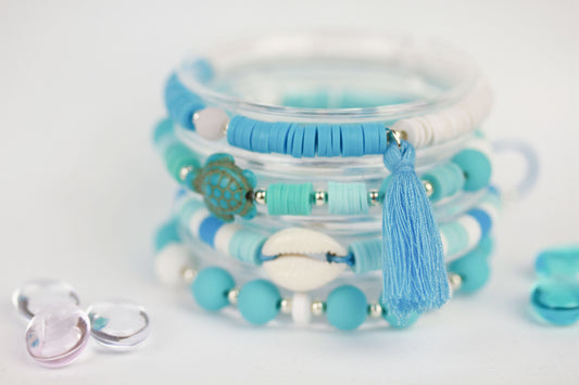 Blau-Weiß Sommer Armbandset – 4-teiliges Katsuki Polymer Clay Set