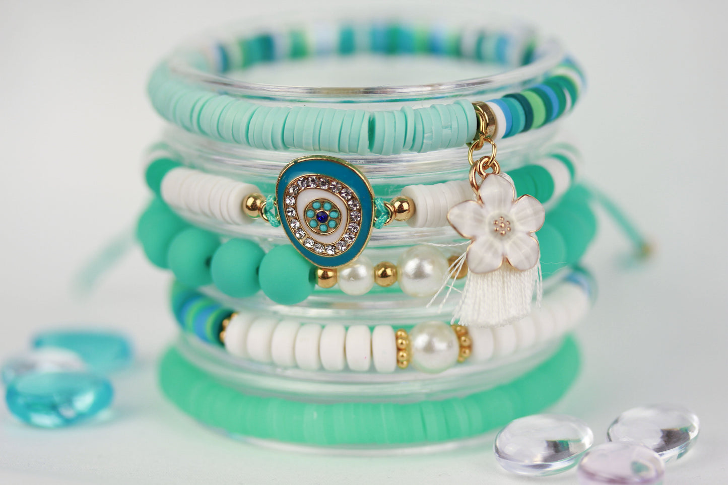 Türkis-Weiß Katsuki Armbandset – 5-teilig | Evil Eye Sommermix