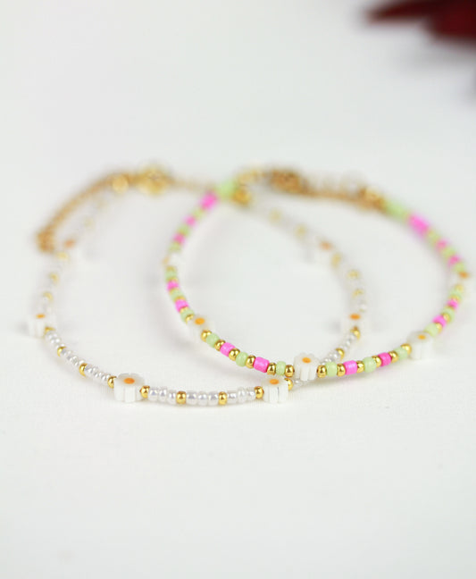 Gänseblümchen Armband – Weiß & Rosa-Grün | Handgefertigtes Perlenarmband