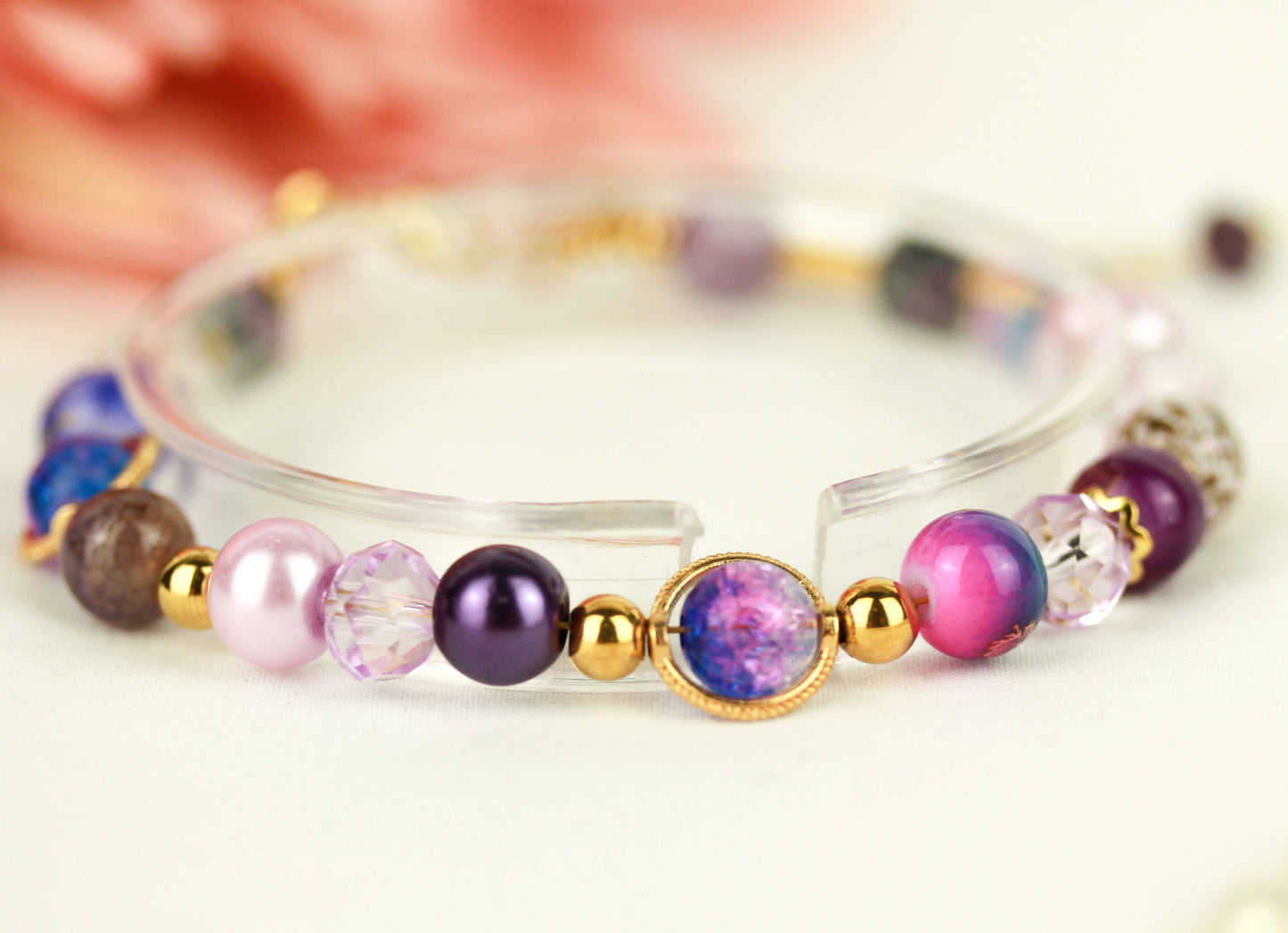 Lila Universe Armband – Kristall & Amethyst Naturstein | Handgefertigtes Perlenarmband