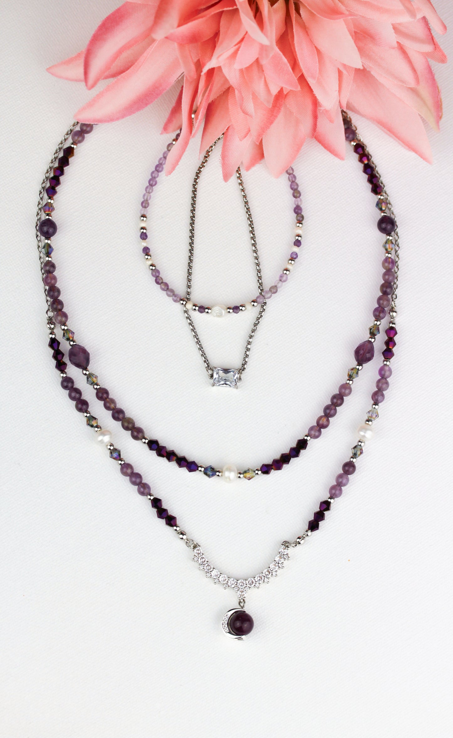 Amethyst & Süßwasserperlen Layering Schmuckset – Handgefertigt