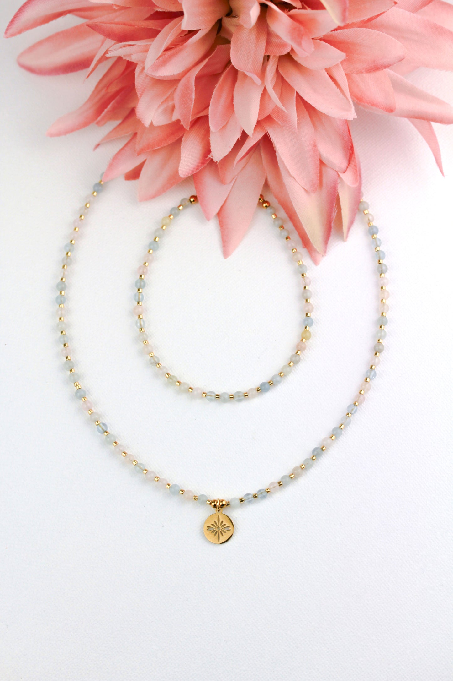 Morganit Naturstein Schmuckset – Perlenkette & Armband | Handgefertigt