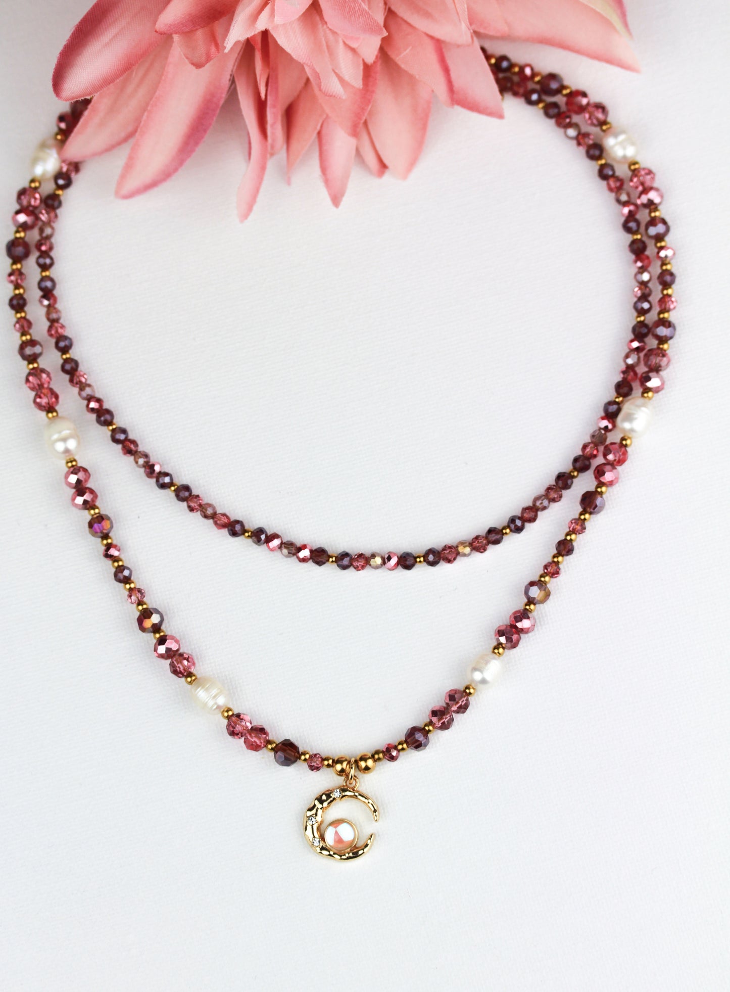 Layering Schmuckset – Kristall & Süßwasserperlen Halskette mit Mondanhänger | Handgefertigt