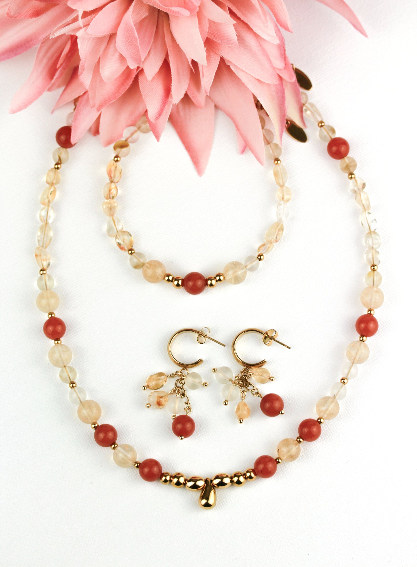 Sonnenstein Naturstein Schmuckset – Kette, Armband & Ohrringe | Handgefertigt