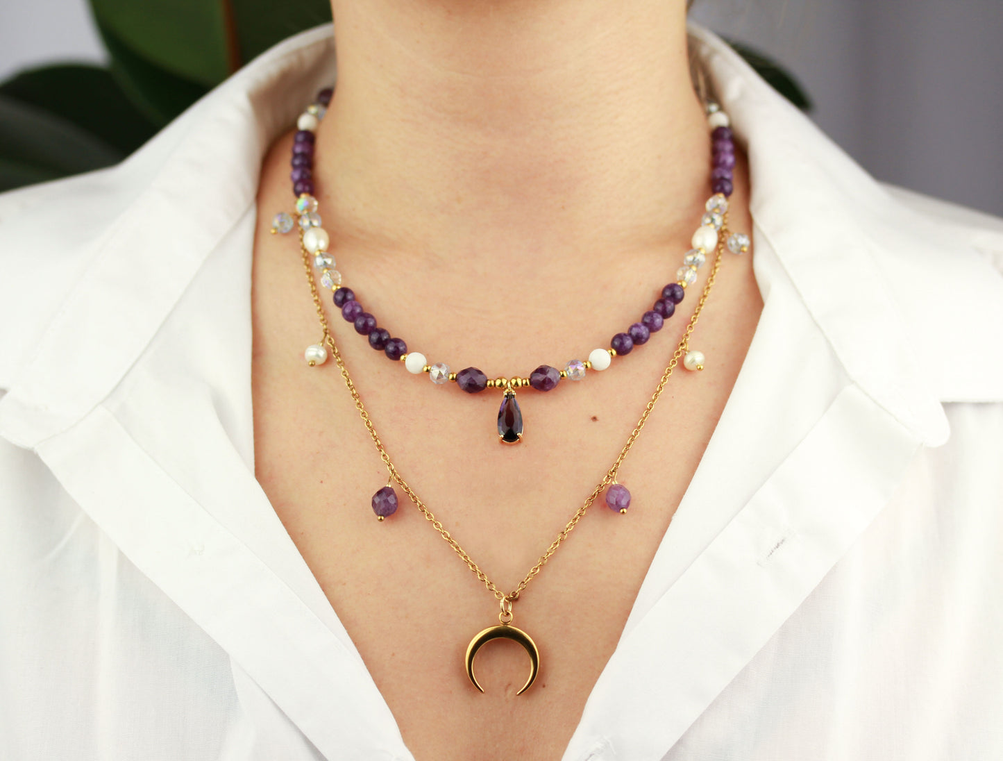 Mondzauber – Doppellayer Amethyst & Mond Anhänger Halskettenset