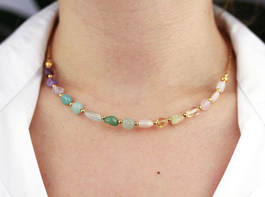 Regenbogen-Edelstein Perlenkette – Harmonische Naturstein-Halskette