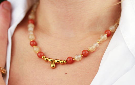 Sonnenstein und Citrin Naturstein Schmuckset – Kette, Armband & Ohrringe | Handgefertigt