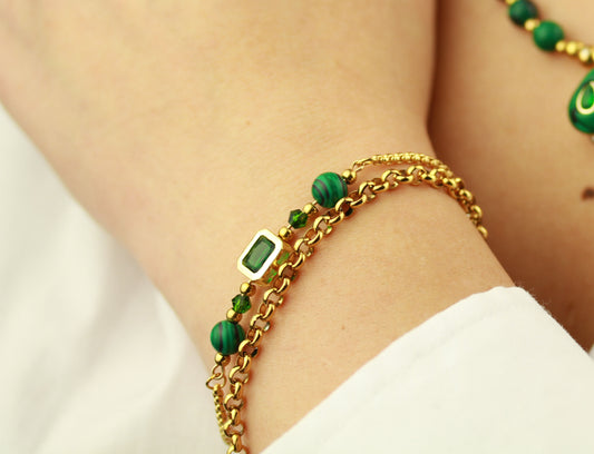 Malachit Naturstein Schmuckset – Perlenkette & Armband | Handgefertigt