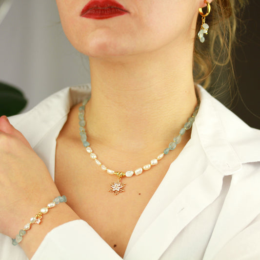 Aquamarin & Süßwasserperlen Schmuckset mit Zirkonia – Handgefertigt