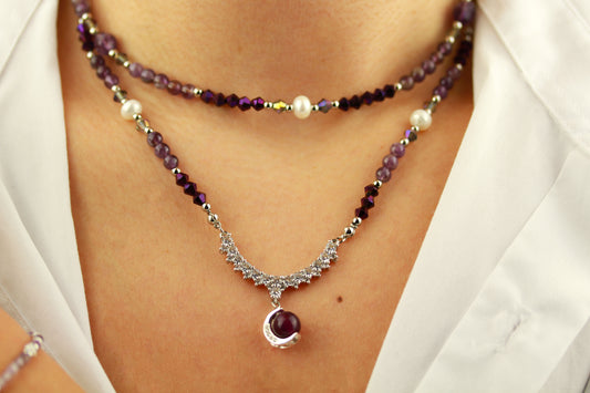 Amethyst & Süßwasserperlen Layering Schmuckset – Handgefertigt