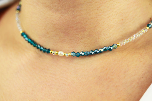 Blau-Kristall Perlenkette mit Süßwasserperle – Handgefertigt