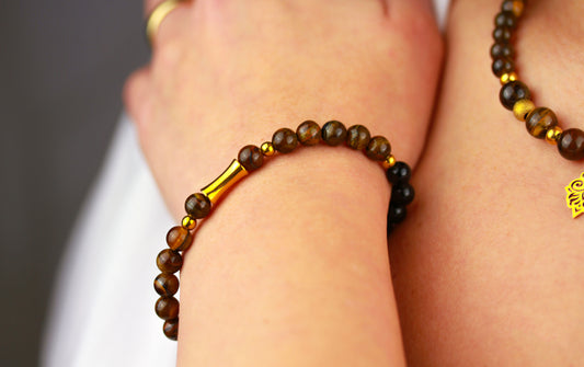 Tigerauge und Onyx Perlen Schmuckset – Kette & Armband | Handgefertigt