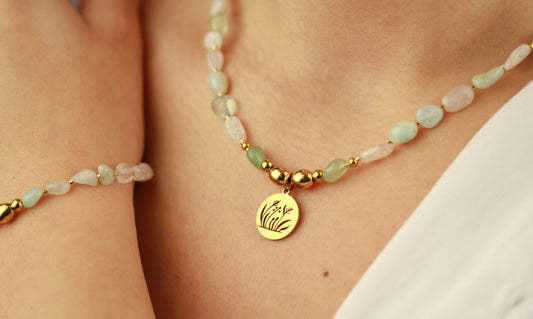 Morganit Perlen Schmuckset – Perlenkette & Armband | Handgefertigt