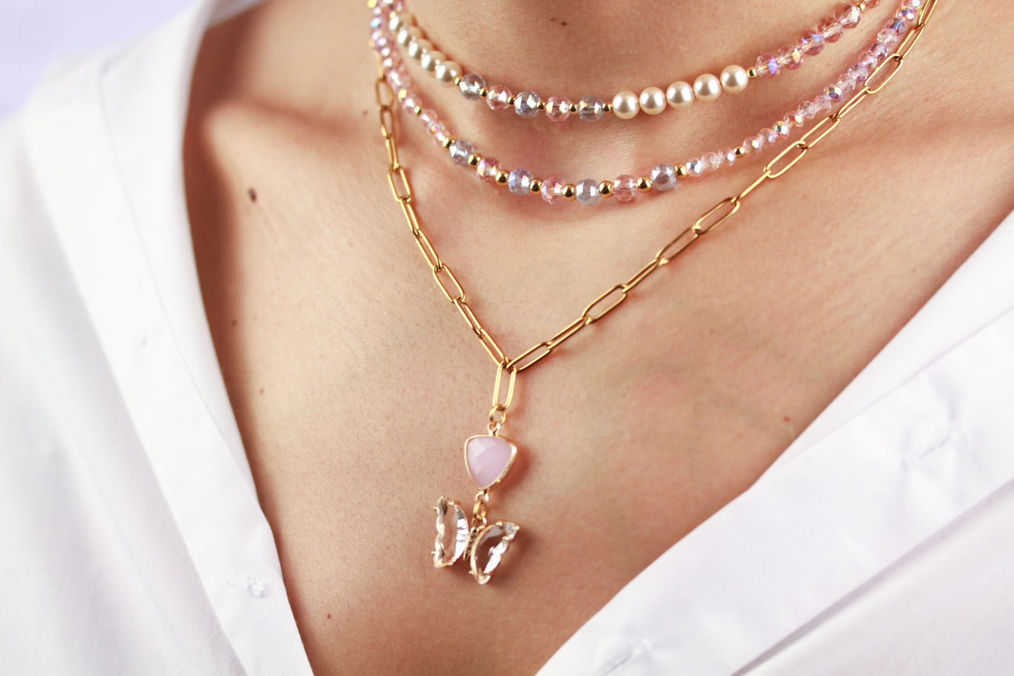 Rosa Layering Perlenkettenset mit Schmetterling – Handgefertigtes Schmuckset