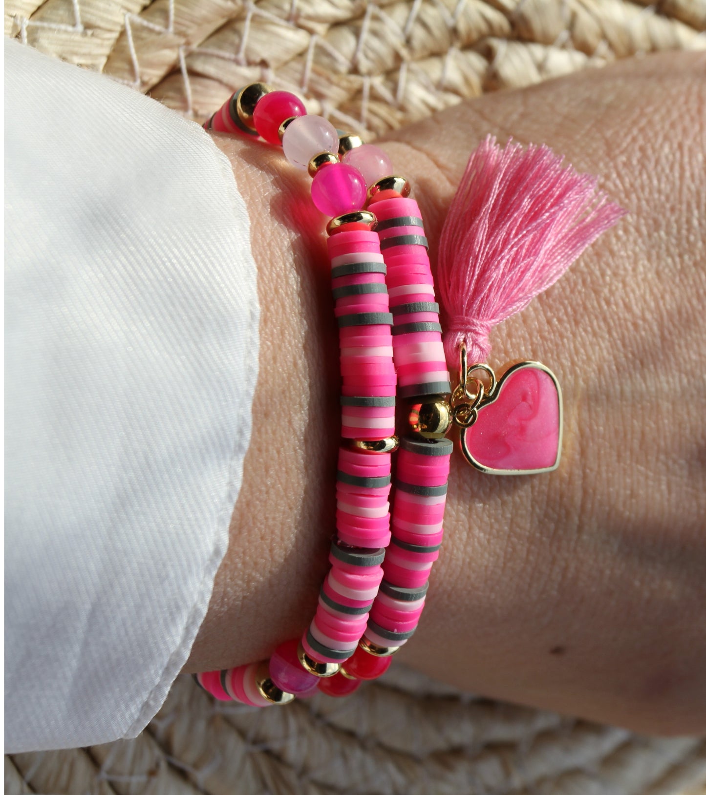 Rosenrotes Doppelarmband Katsuki Heishi Perlen Armband mit Natursteinen