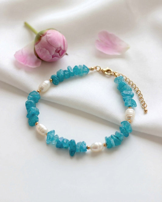 Rosa-Blau Natursteinarmband mit Süßwasserperle – Handgefertigtes Perlenarmband