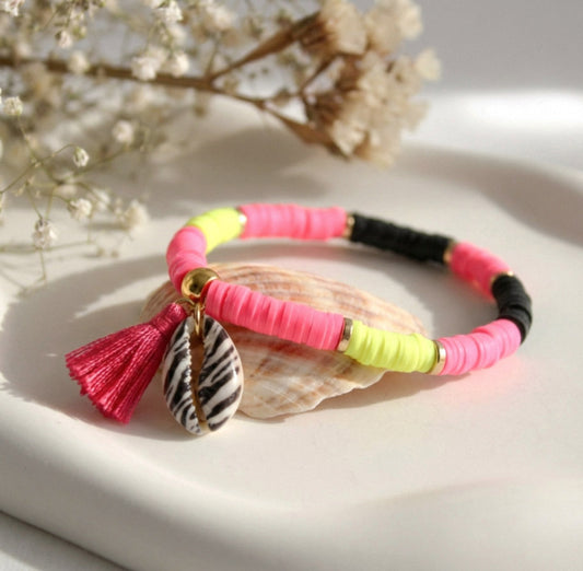 Schwarz-Gelb-Pink Katsuki Armband mit Zebra-Muschel & Quaste – Einzigartiges Design