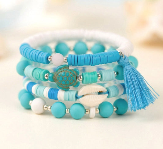 Blau-Weiß Sommer Armbandset – 4-teiliges Katsuki Polymer Clay Set