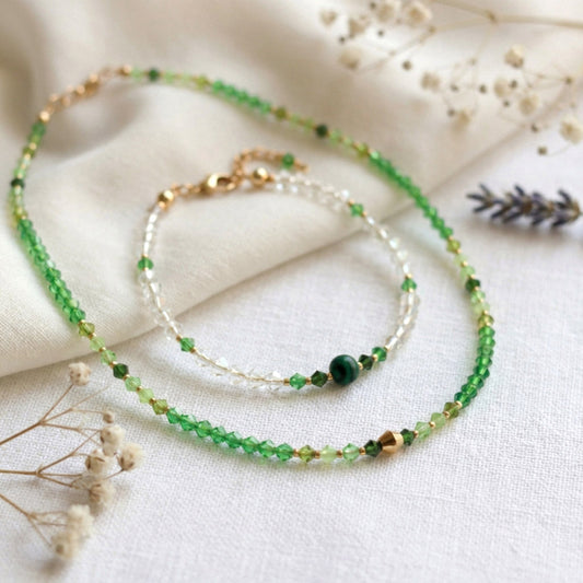 Grünes Kristall & Malachit Perlen Schmuckset – Handgefertigt