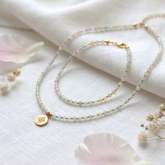 Morganit Naturstein Schmuckset – Perlenkette & Armband | Handgefertigt