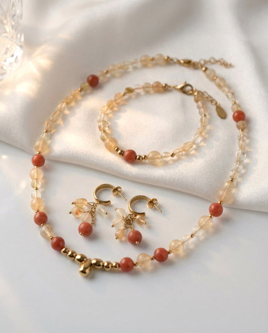 Sonnenstein Naturstein Schmuckset – Kette, Armband & Ohrringe | Handgefertigt