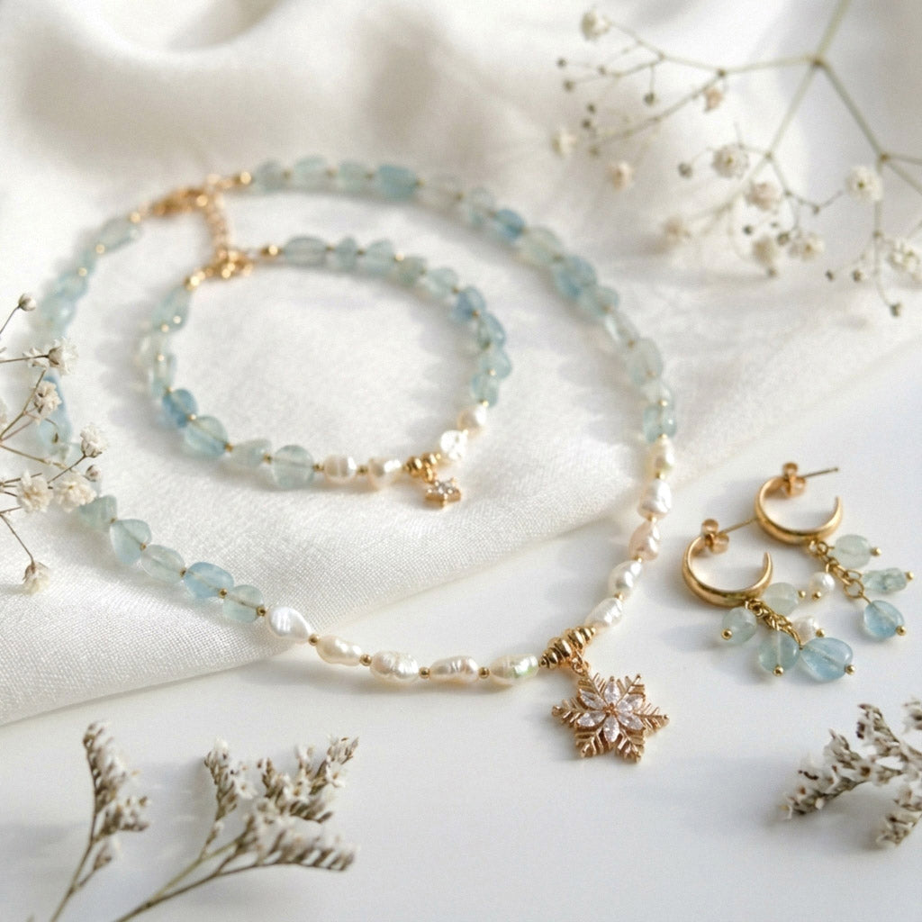 Aquamarin & Süßwasserperlen Schmuckset mit Zirkonia – Handgefertigt