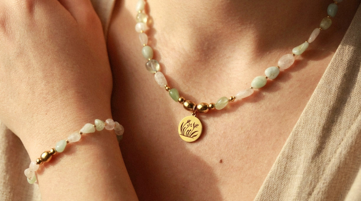 Morganit Naturstein Perlen Schmuckset – Perlenkette & Armband - Handgefertigt