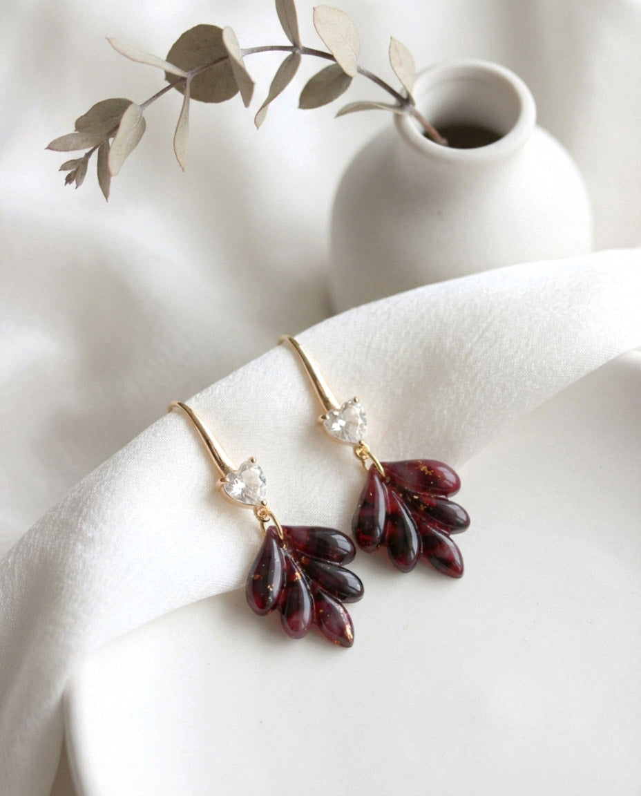 Bordeauxrote Marmor Ohrringe & Halskette mit Zirkonia – Elegantes Set | Kollektion Seraya