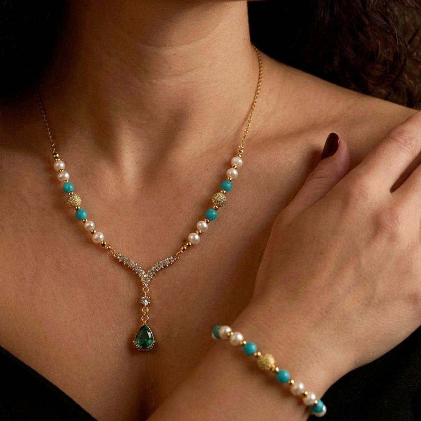 Amazonite Pearl Duo – Schmuckset mit Amazonit und Kristall