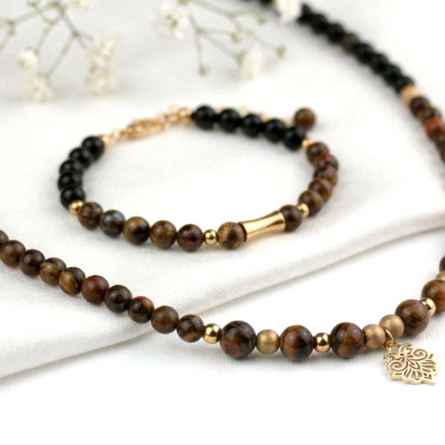 Tiger Eye Shadow  – Schmuckset mit Tigerauge und schwarzen Perlen