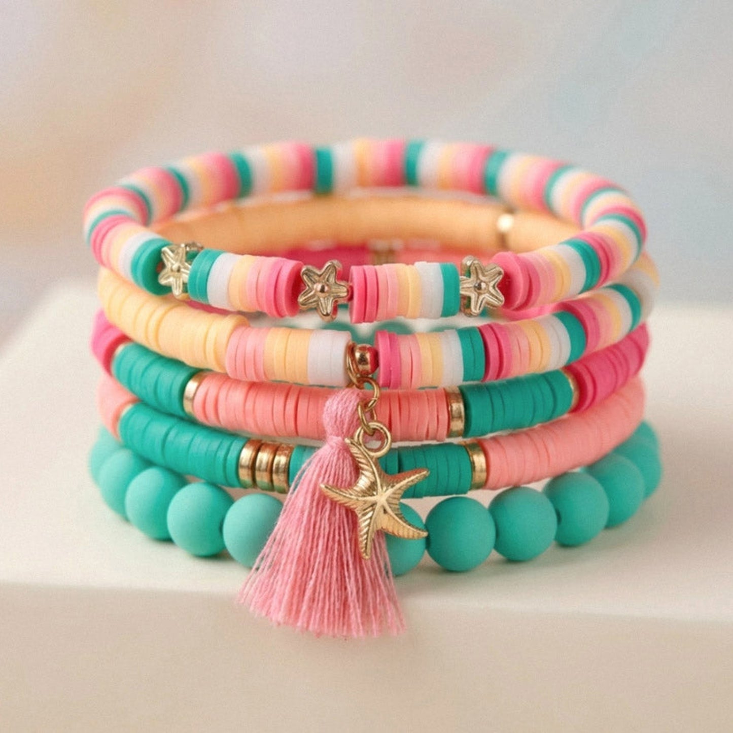 Ocean Coral Star – Katsuki 5er-Armbandset mit Seestern und Quaste