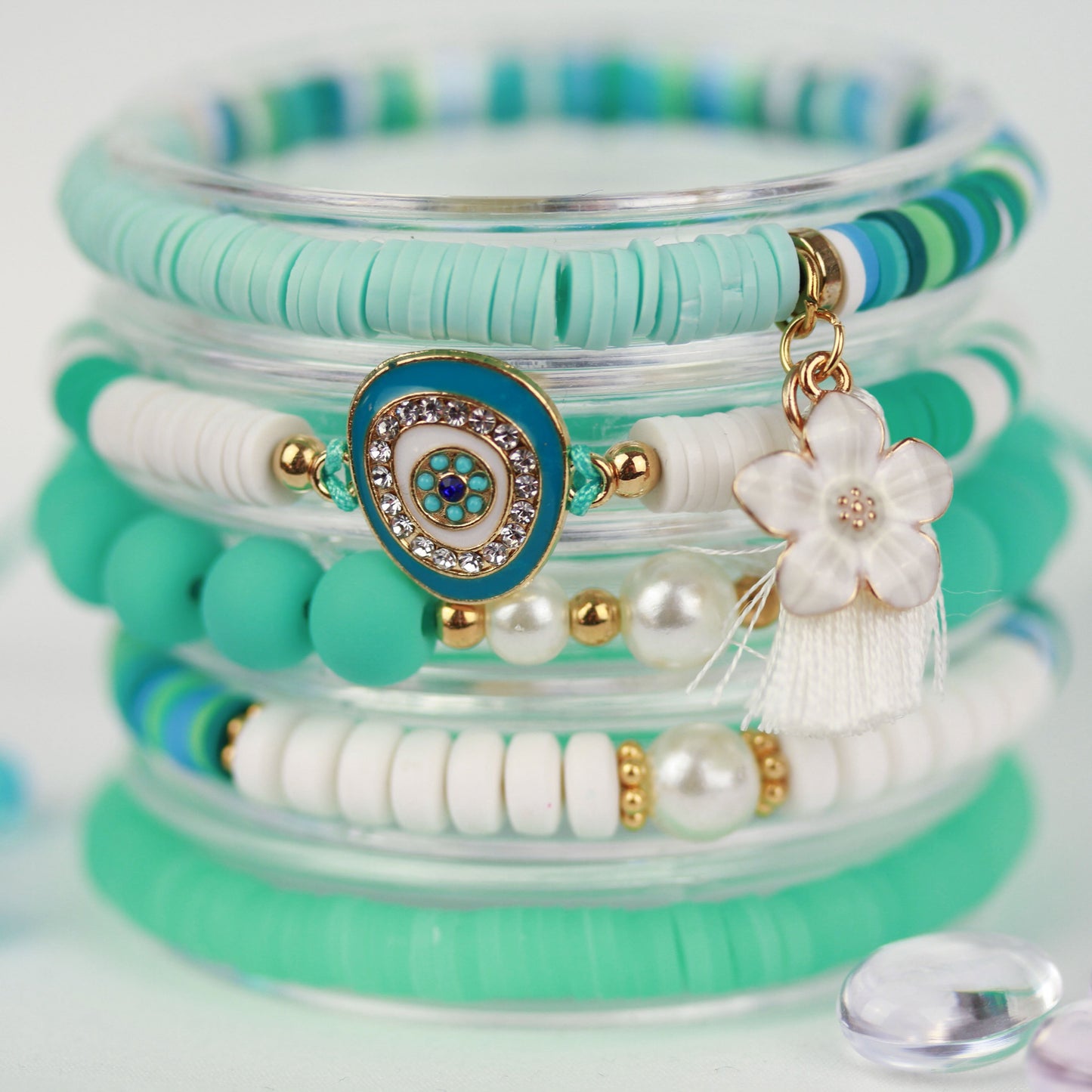 Nazar Mint Flower – Katsuki 5er-Armbandset mit Schutzauge und Blüte