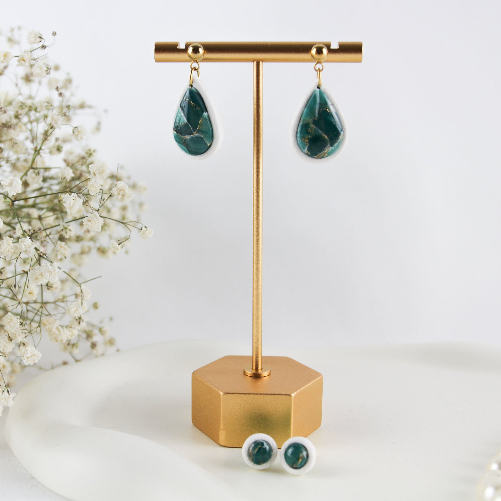 Green White Marble Drop – Ohrringe
