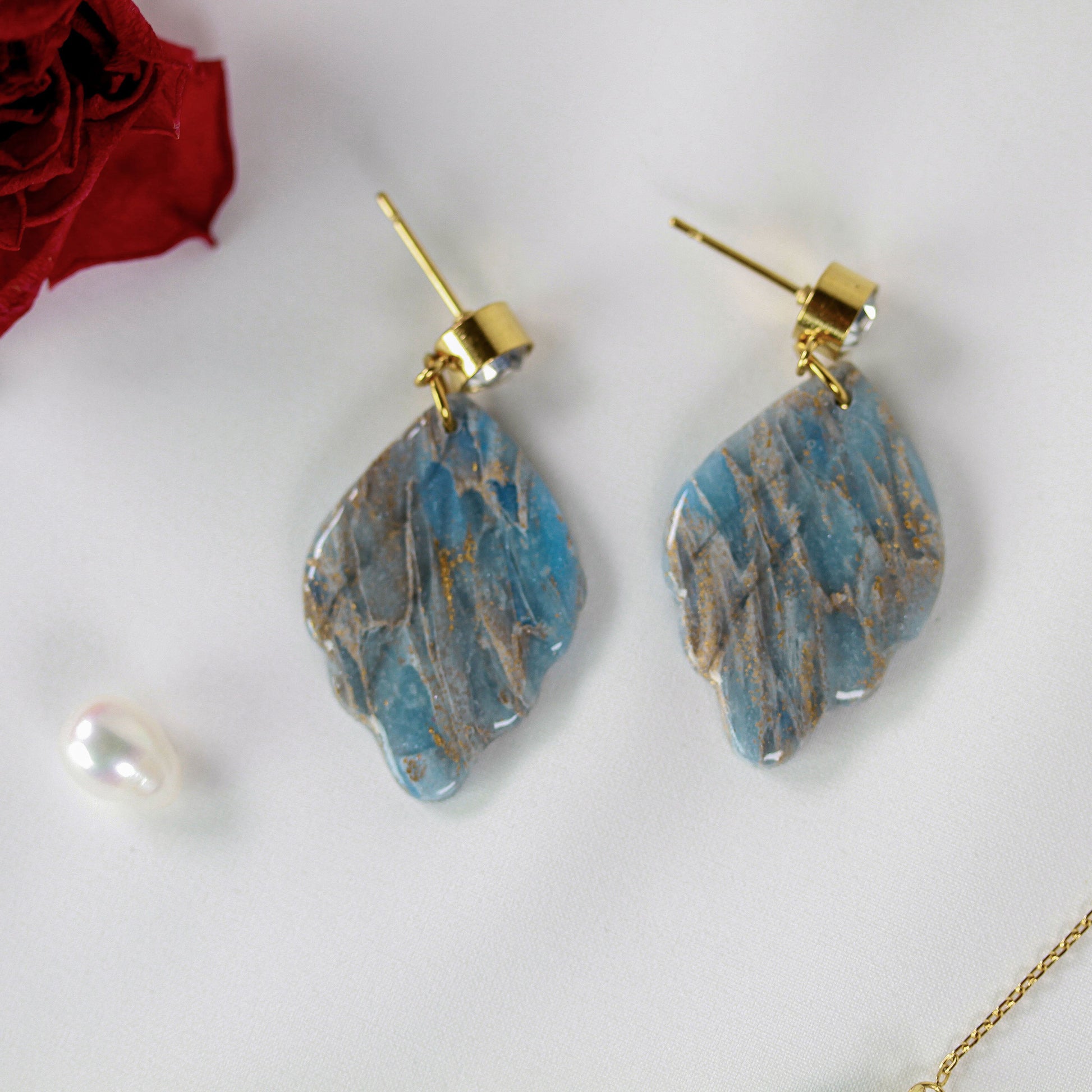 Blue Grey Marble Leaf – Ohrringe
