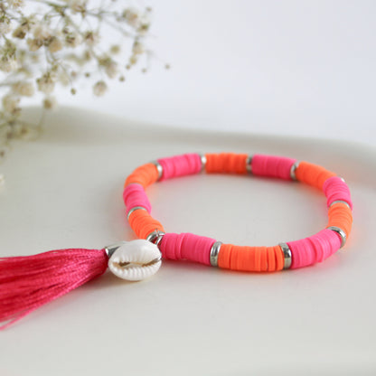 Sunset Shell – Katsuki-Armband in Neon-Pink und Orange mit Kauri-Muschel