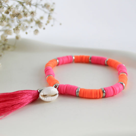 Sunset Shell – Katsuki-Armband in Neon-Pink und Orange mit Kauri-Muschel