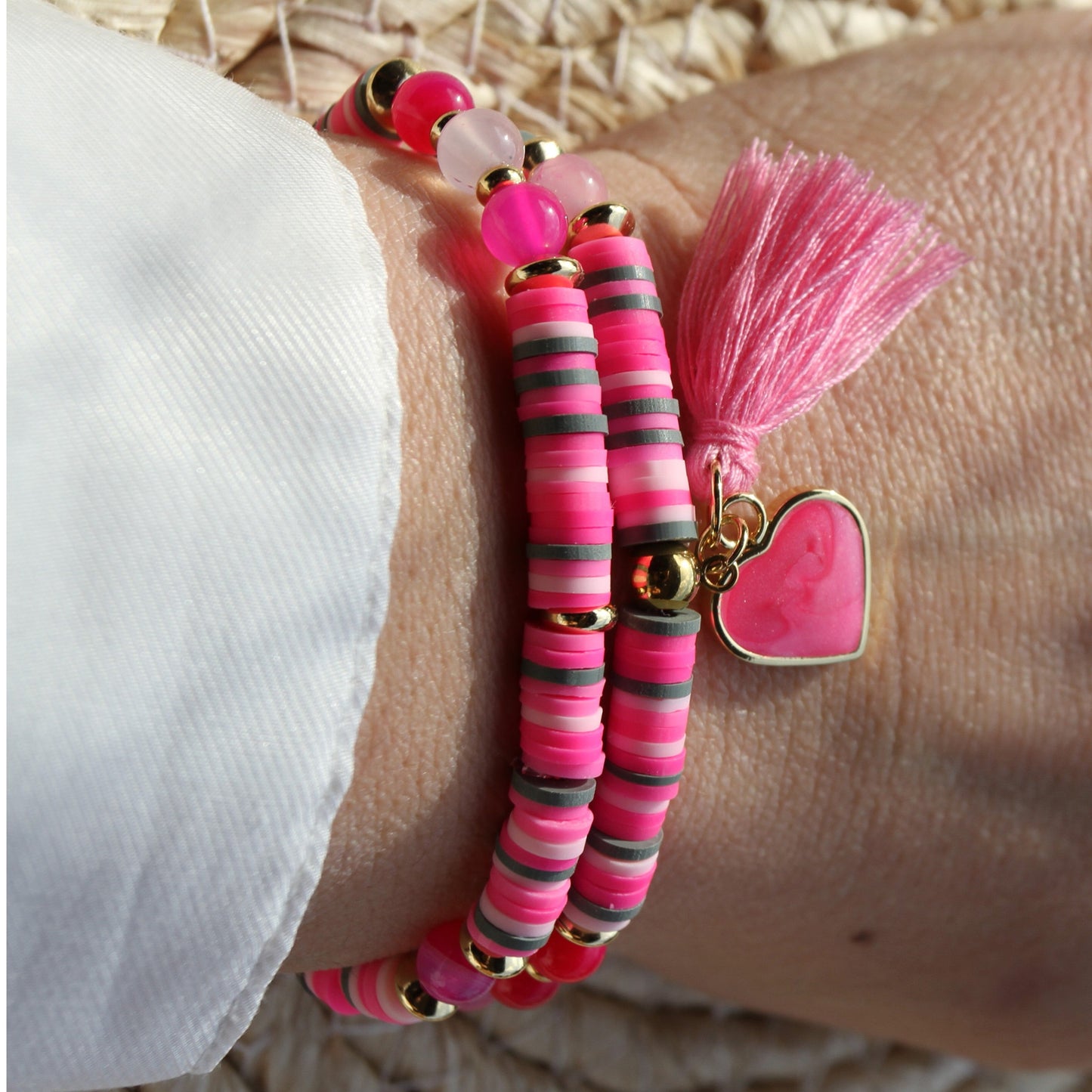 Love Nova – Pinkes Katsuki-Wickelarmband mit Natursteinperlen