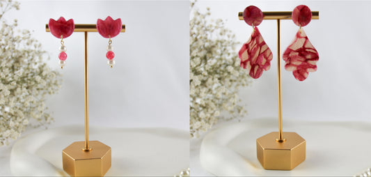 Rosenrote natursteininspirierte Polymer Clay Ohrringe mit Süßwasserperlen und Natursteinen