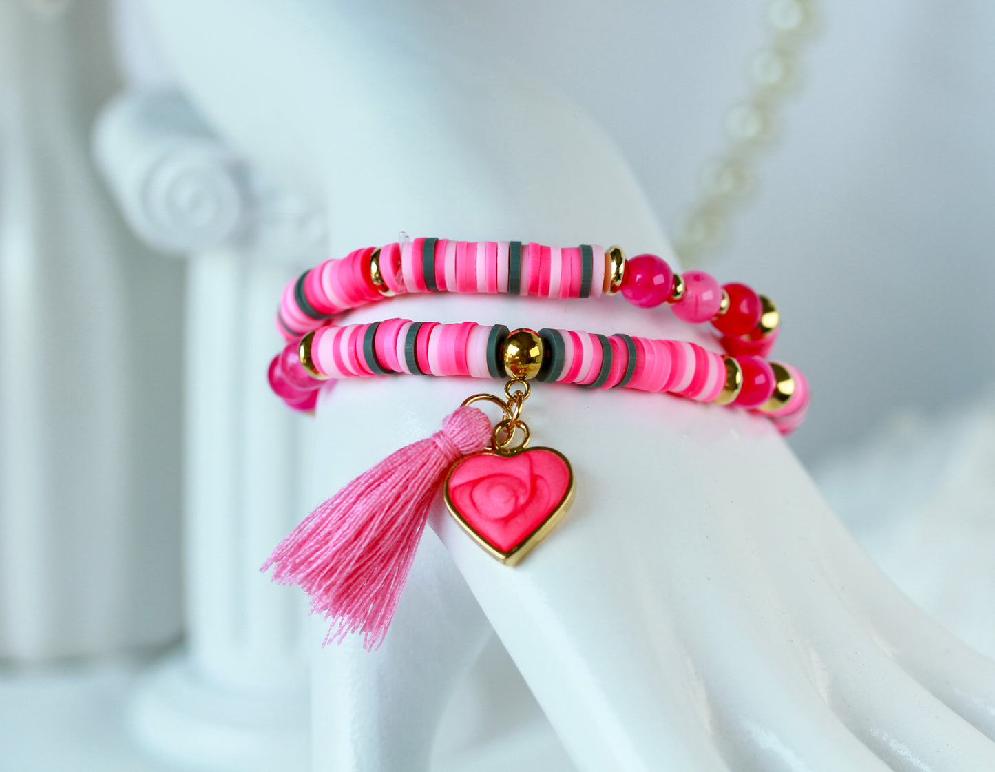 Love Nova – Pinkes Katsuki-Wickelarmband mit Natursteinperlen