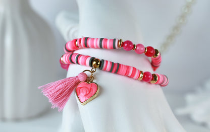 Love Nova – Pinkes Katsuki-Wickelarmband mit Natursteinperlen