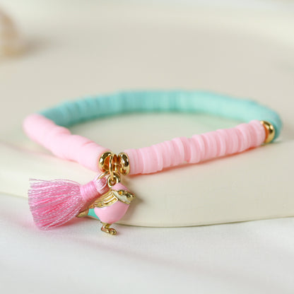Pastel Dream Bird – Katsuki-Armband in Rosa und Mint mit Vogel-Anhänger
