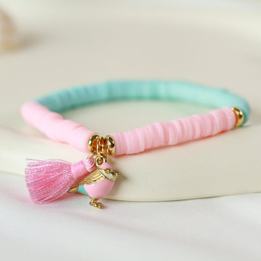 Pastel Dream Bird – Katsuki-Armband in Rosa und Mint mit Vogel-Anhänger