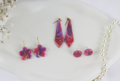 Pink & Lila Gold-Details – Handgefertigte Polymer Clay Statement Ohrringe
