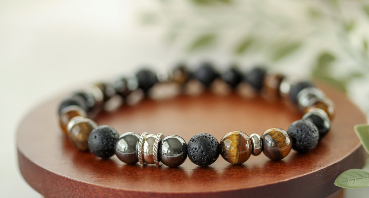 Dark Horizon – Herrenarmband mit Tigerauge, Hämatit und Lava