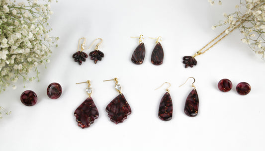 Elegante bordeauxrote Polymer Clay Ohrringe mit Zirkonia - Kollektion